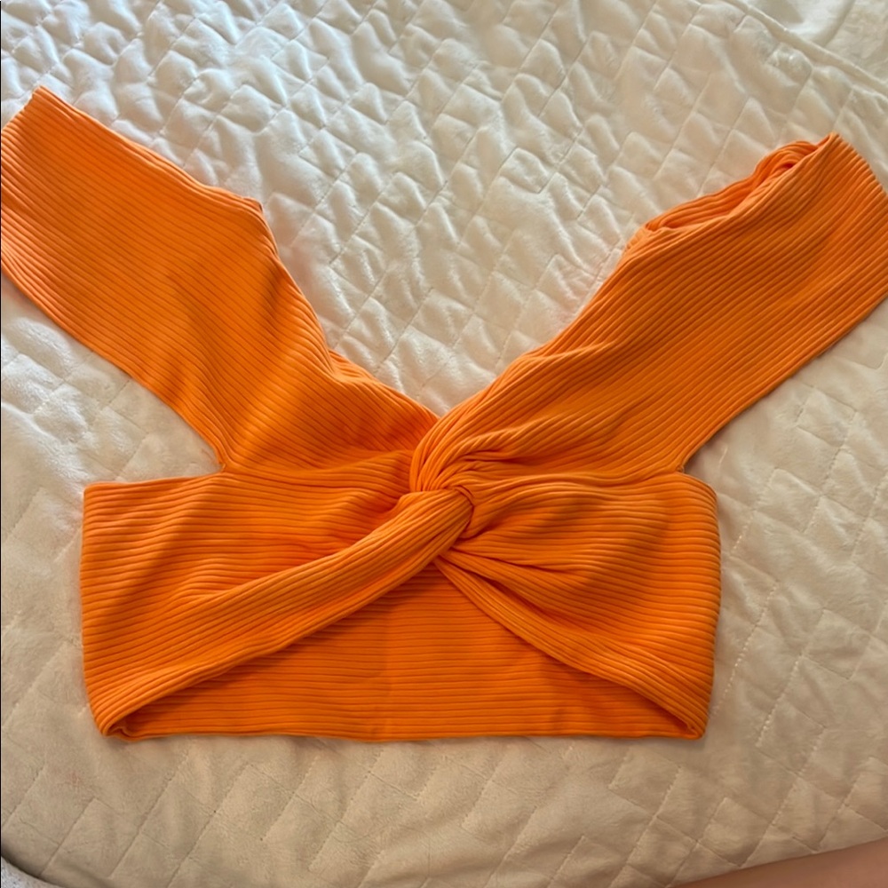 Orange Ribbed Tie Front Tank Top